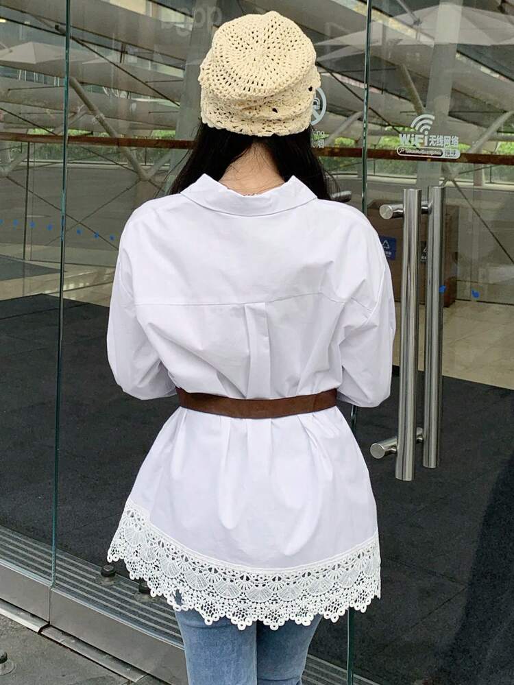 Women's Loose Long Sleeve Patchwork Lace Trim Solid Color Blouse, Summer