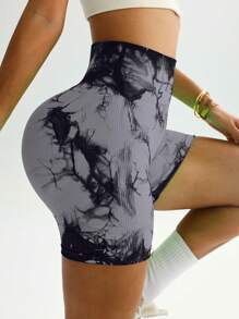 Easithlete 女式扎染印花褶饰运动短裤，日常健身骑行短裤 - 彩色 - 查看 3