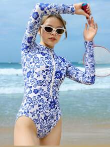1pc Teen Girl Minimalist Fashion One-Piece Swimsuit, Suitable For Summer Long Sleeve Girls Swimsuit Rashguard Girls Young Girls Rash Guard Girls Rash Guard Girls Rashguard - Blue - View 4