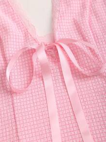 Sweetra Débardeur moulant à imprimé carreaux pour femme, col licou, en maille et dentelle, coupe ajustée, printemps/été - Rose bonbon - Voir 6