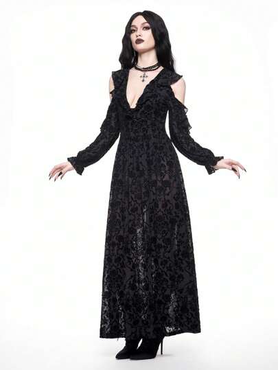 Gothic Palace Black Mesh & Lace Deep V-Neck Vacation Midi Dress For Women