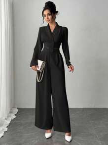 Firerie 2pcs Women Office Commuting Outfit Set: Long Sleeve Collared Shirt + Straight Leg Pants - Black - View 5