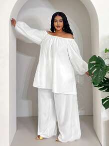 Veslaya Plus Size Loose White Long Jumpsuit, Open Shoulder Early Spring Vacation Casual - White - View 3