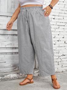 SHEIN CURVE+ Plus Size Vacation & White Striped Ruffle Waist Straight Leg Cropped Pants, Casual Bohemian Trousers