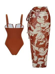 Swim Oasis Women's Elegant 2 Pieces V-Neck Adjustable Strap Floral Print Swim Skirt And Swimsuit Set, Vacation Outfit For Summer - Rust Brown - View 2