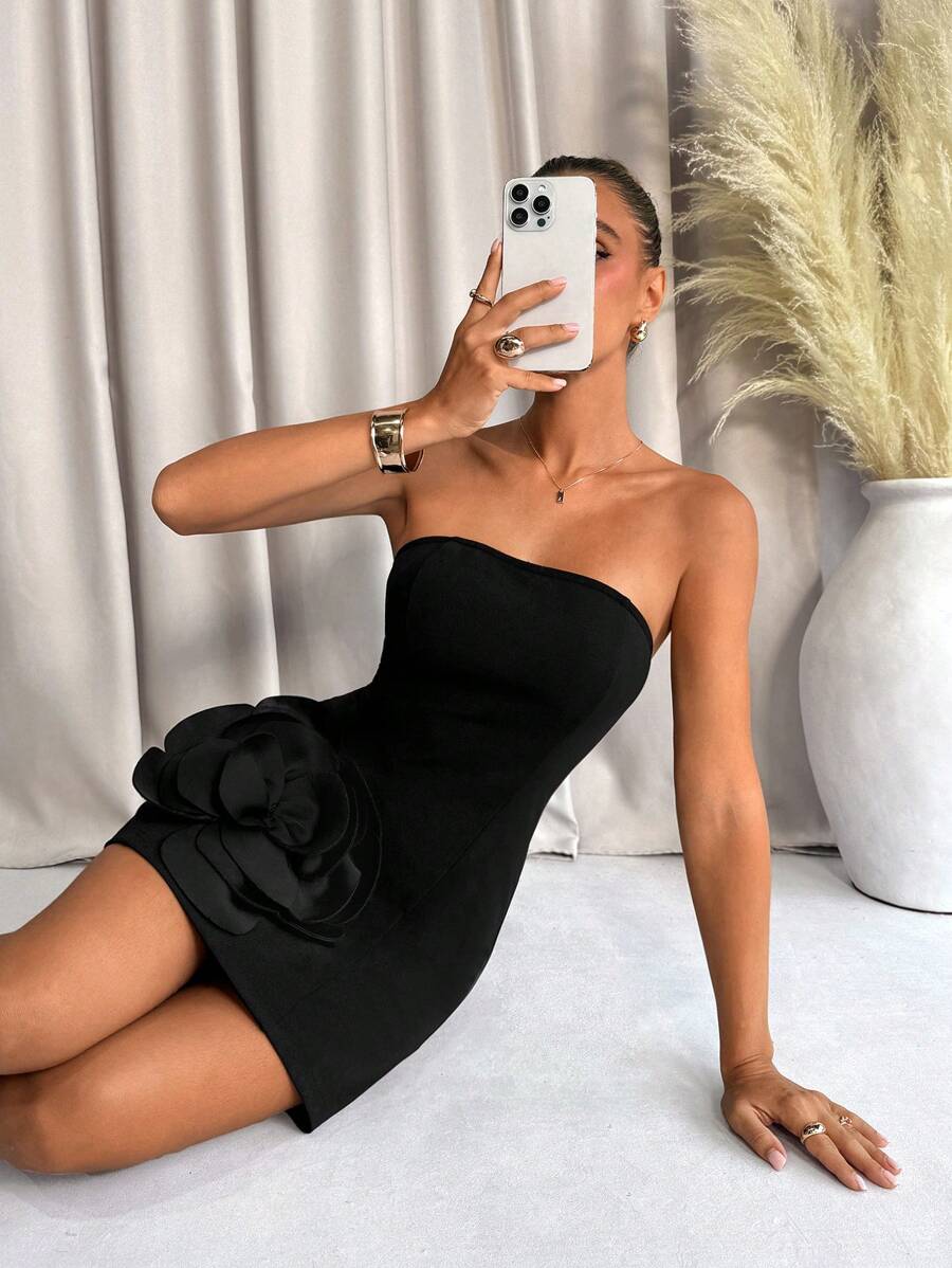 SHEIN Clasi 3D 花卉露肩连衣裙,适合婚礼、春夏季 - 黑色 - 查看 1