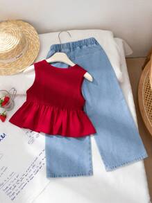 Genkimix Kids 小女孩幼儿夏季罗纹背心韩版可爱拼接无袖衬衫蝴蝶刺绣和宽松直筒牛仔裤两件套 - 酒紅色 - 查看 2