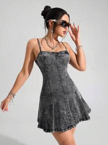 SHEIN EZwear Women's Casual Denim Camisole Dress With Pleated Hem - Grey - View 6