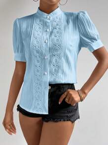 RosyDaze Camisa informal de manga abultada con parche de encaje de unicolor, de verano - Azul - Ver 3