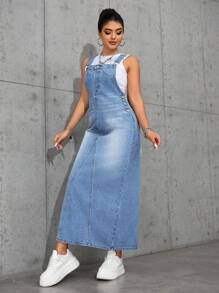 SHEIN PETITE 女式侧扣休闲牛仔吊带连衣裙