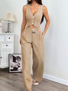 SHEIN EZwear 卡其色条纹背心搭配长裤，秋冬季大码西装套装 - 卡其色 - 查看 5