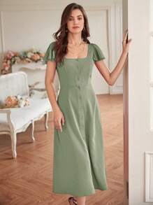 SHEIN Frenchy Đầm dài tay bèo xếp nếp cổ vuông màu trơn cho nữ - Màu xanh Bạc hà - Xem 7