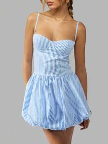 MISSGUIDED Bubble Hem Mini Dress Sweetheart Neckline Spaghetti Strap Summer Spring Fit And Flare Striped Cotton Blend Party Wedding Guest Sundress - Blue - View 6