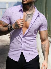 Manfinity Homme Men's All-Over Print Short Sleeve Single Breasted Casual Commuter Shirt - Mauve Purple - View 3