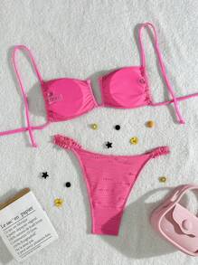 Swim Vcay Women's Spring/Summer Beach Sexy Open Mouth Steel Bra Halter Lace Thong Bikini Set - Hot Pink - View 2