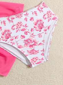 SHEIN Tween Girl' Cute Ditsy Floral Patterned Triangle Top And Skirt Swimwear Set (Random Print) - Hot Pink - View 4