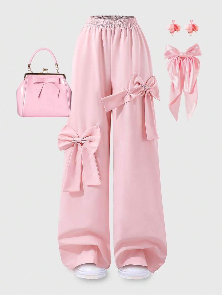 Teen Girls' Solid Color Elastic Waist Butterfly Decor Wide Leg Casual Pants - Pink - View 1