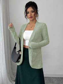 Chiquease Women's Casual Ribbed Velour Front Opening Side Pockets Shorts Jacket - Mint Green - View 7