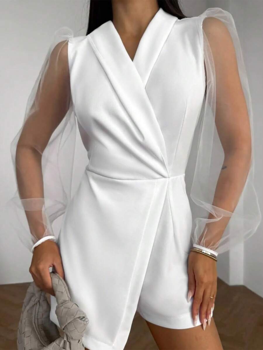 SHEIN Clasi 女士纯色高领拼接网眼长袖连体衣 - 白色 - 查看 1