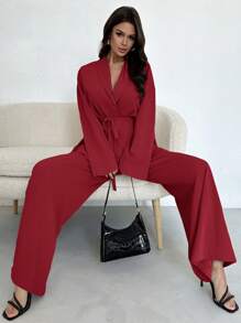 Firerie Women Elegant Casual Vacation To Office Shacket With Waist Tie And High Waisted Loose Pants, Suitable For Autumn, Summer,Business Casual Woman - Burgundy - View 7