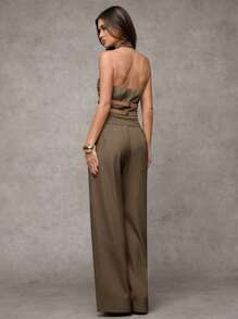SHEIN BAE Bộ 2 món áo crop top hở vai và quần dài thời trang cho công sở mùa thu/đông - màu nâu - Xem 4