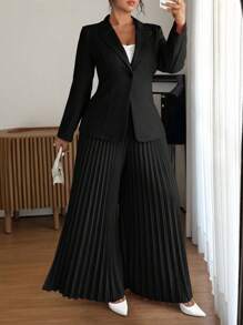 Elenzga Plus Size Solid Color Long Sleeve Striped Pleated Pants Suit Set Graduation,Back To School,Teacher Outfits For Women