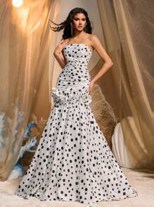 Glamrae Elegant Romantic Black & White Hand-Made 3D Floral Dot Print Maxi Formal Evening Gown, Party Dress, Wedding Guest Dress, Evening Dress - Black and White - View 5