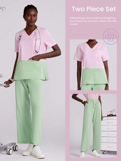 TaskEZ Women Solid Color Contrast V-Neck Short Sleeve Waist Pockets Top (Pink, Green, Pink), Fresh Color Nurse/Doctor Uniform For Spring/Summer; Women Solid Color Contrast Elastic Waist Double Pockets Straight Leg Pants With Belt, Healthcare/Veterinary/Nutritionist/Lab Work Uniform Bottom For Women Scrub Tops For Women Women Scrubs Scrubs Scrub Sets