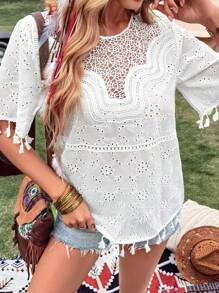 LanaWest 大码女式纯色精致提花装饰、流苏混合元素领子拼接节日音乐节衬衫