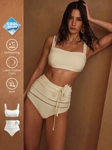 MOTF PREMIUM 复古方领抹胸比基尼套装，婚礼季 - 米色 - 查看 10