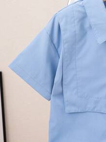 Young Boy Summer New Simple Lapel Front Opening Short Sleeve Shirt And Casual Straight Shorts Set, And Cool Fashion Outfit - Blue - View 5