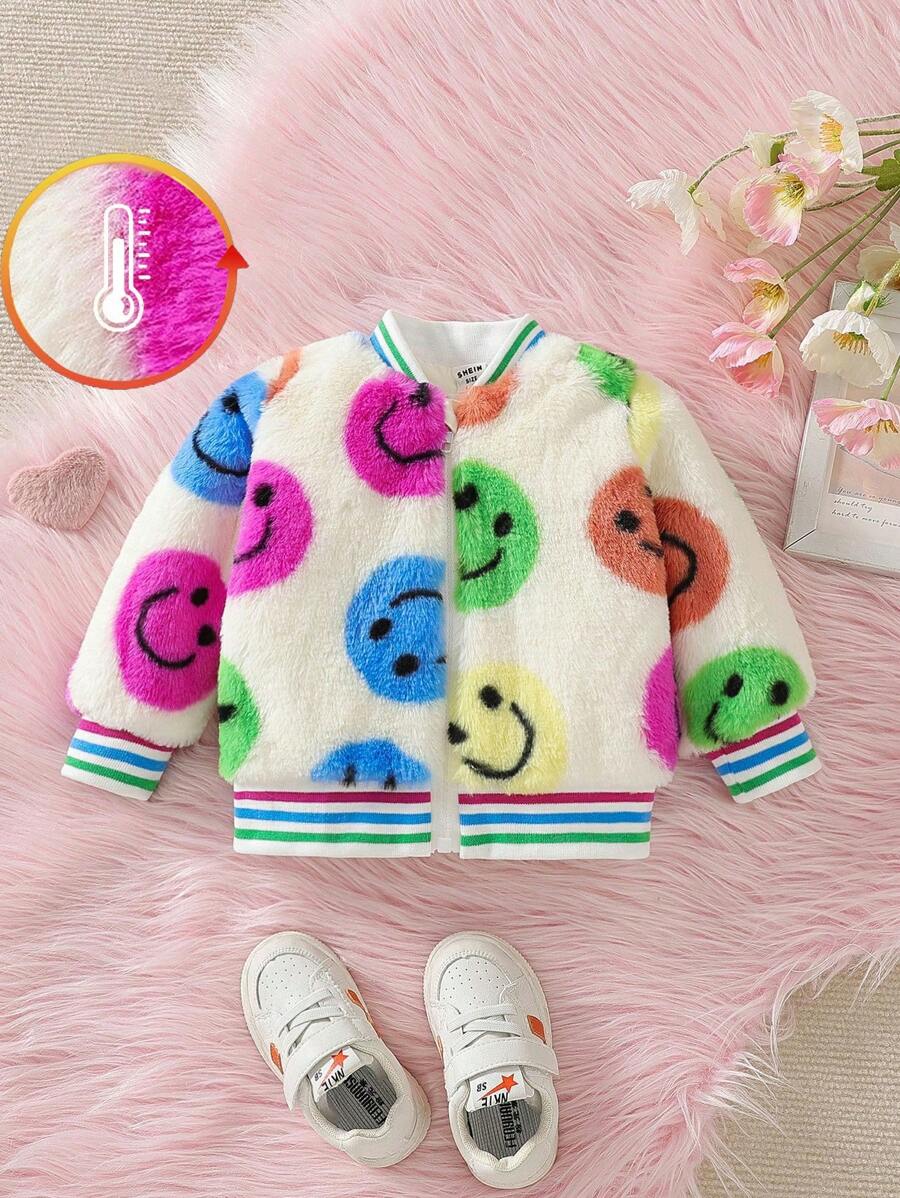 Baby Girl Fashion Rainbow Smiling Face Jacket, Warm Casual Outerwear