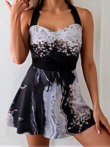 SHEIN 2pcs Summer Spaghetti Strap Crop Top With Drawstring And High Cut Bottoms Elegant Bikini Set - Multicolor - View 1