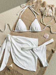 Swim Vcay Conjunto de traje de baño de 3 piezas para mujer, con diseño vintage de unicolor, top con cuellos de halter y lazo, tela arrugada y embellecido con anillo metálico, para uso casual en resorts - Blanco - Ver 5