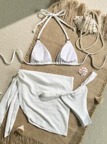 Swim Vcay Conjunto de traje de baño de 3 piezas para mujer, con diseño vintage de unicolor, top con cuellos de halter y lazo, tela arrugada y embellecido con anillo metálico, para uso casual en resorts - Blanco - Ver 6