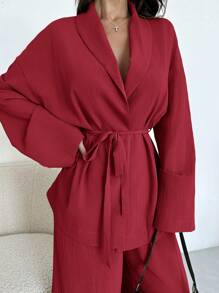 Firerie Women Elegant Casual Vacation To Office Shacket With Waist Tie And High Waisted Loose Pants, Suitable For Autumn, Summer,Business Casual Woman - Burgundy - View 4