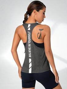 Gameset SHEIN Sport 女士迷彩印花交叉后背镂空长袖健身运动 T 恤运动背心 - 深灰色 - 查看 6