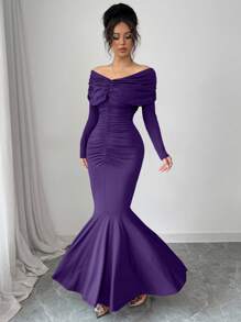 Modelyn 女士露肩褶皱长袖连衣裙 - 紫色 - 查看 7
