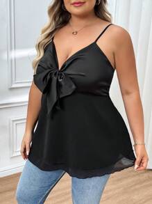 SHEIN CURVE+ Top camiseta con lazo, talla grande, simple y de moda, apropiado para el verano