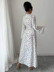 Modelyn 女式优雅碎花蕾丝拼接喇叭袖阿巴亚连衣裙，端庄 - 藍色 - 查看 2