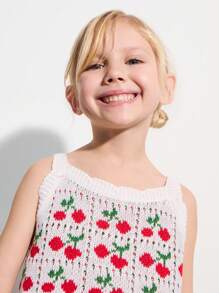 SHEIN 2pcs White Cherry Pattern Knitted Vest And Knitted Shorts Sets For Young Girls - White - View 5