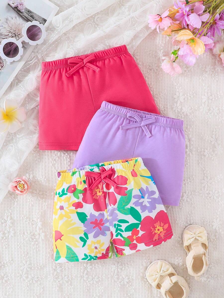3pcs Baby Girls Floral Print Colorful Shorts Set - Multicolor - View 1