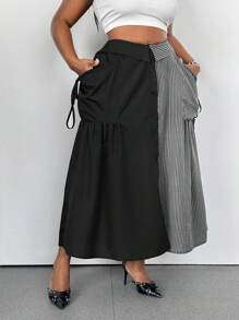 Maweii Gonna a-line casual con bottoni davanti, patchwork a righe, taglie comode