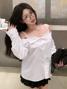 DAZY 女式露肩休闲夏季纯色撞色蕾丝长袖衬衫 - 白色 - 查看 4