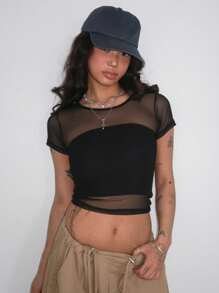 DAZY Women's Semi-Sheer Tube Crop Top Mesh Fitted Short T-Shirt Y2k - Black - View 4