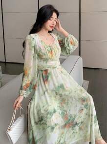 DAZY Vestido elegante de dama de media pantorrilla con estampado floral, cuello en V y mangas farol, vestido largo de manga larga para vacaciones, vestido de otoño para mujeres en Pascua - Verde - Ver 7