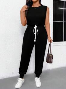 SHEIN LUNE Plus Size Women Solid Color Round Neck Waist Tie Casual Jumpsuit - Black - View 5