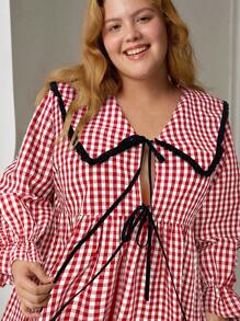 SHEIN EZwear Plus Size Spring Red & White Plaid Peter Pan Collar Dress - Red and White - View 3
