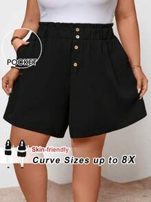 SHEIN CURVE+ Plus Size Women's Solid Color Paper Bag Waist Buckle Front Shorts Boho Vacation - Black - View 1
