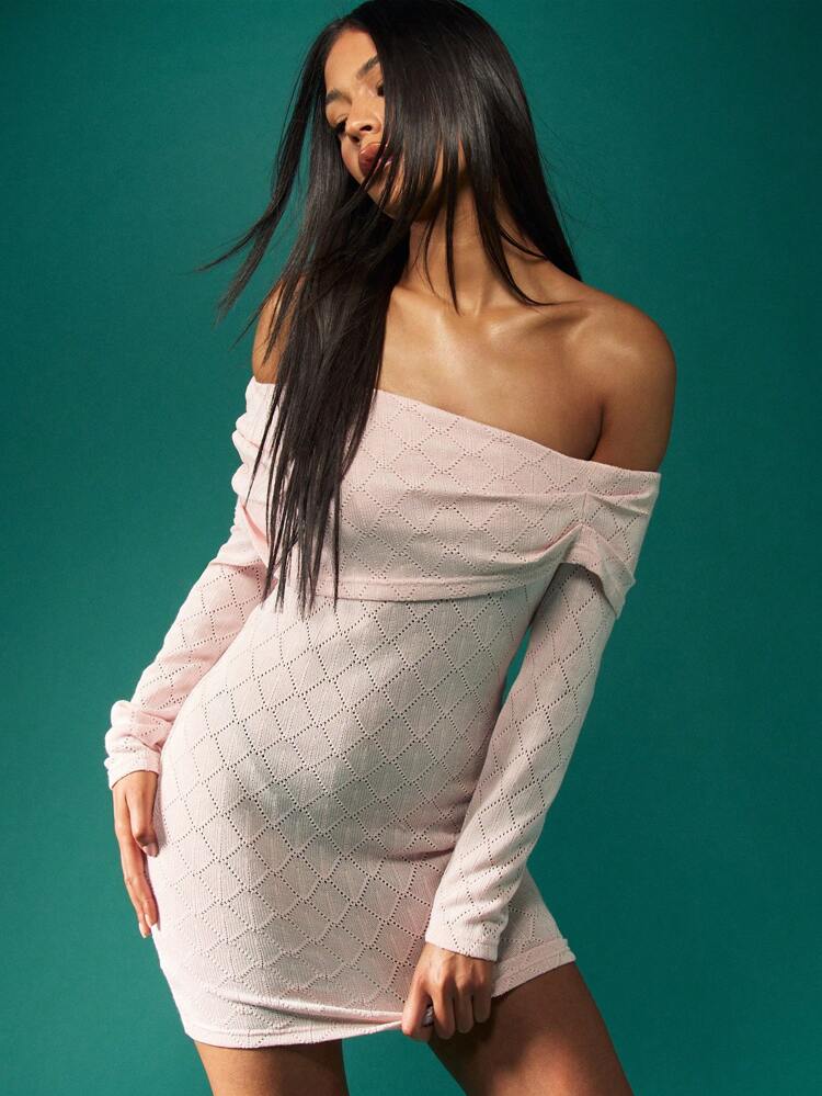 MISSGUIDED Off Shoulder Long Sleeve Diamond Knit Bodycon Mini Dress Winter Party Club Evening Short Dress Contemporary Fashion